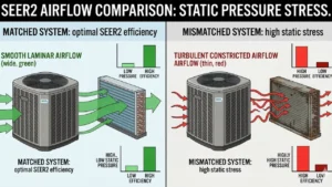Split-screen technical illustration comparing a matched SEER2 HVAC system showing smooth green airflow with optimal pressure, versus a mismatched system with a modern SEER2 condenser and an old evaporator coil showing constricted red turbulent airflow and high static pressure stress.