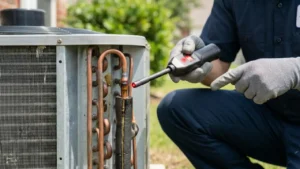 An AirTeam HVAC technician using an electronic leak detector tool to find a freon refrigerant leak on the copper coils of an outdoor AC condenser in Houston.