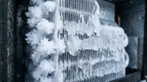 A macro, photorealistic close-up photograph capturing a completely frozen HVAC evaporator coil completely covered in thick frost and ice blocking airflow, illustrating a technical cause of warm air from vents.