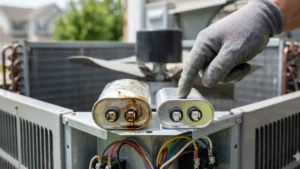A close-up of an HVAC technician pointing at a damaged and bulging AC capacitor next to a new one during a residential air conditioning repair.