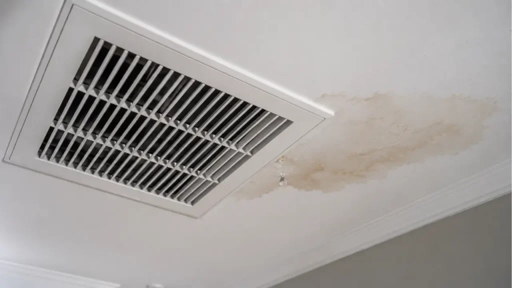 Realistic upward view of a white home ceiling with a modern air conditioning vent beside a spreading water stain and a single droplet forming on the drywall.